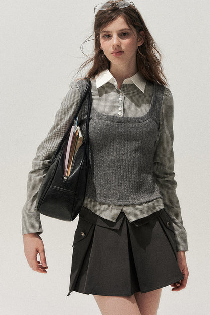 Double Waistband Gray Pleated Skirt