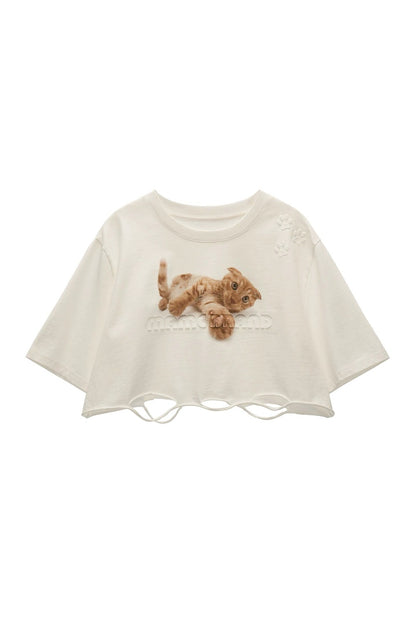 Ripped Graphic Cat Crop Top