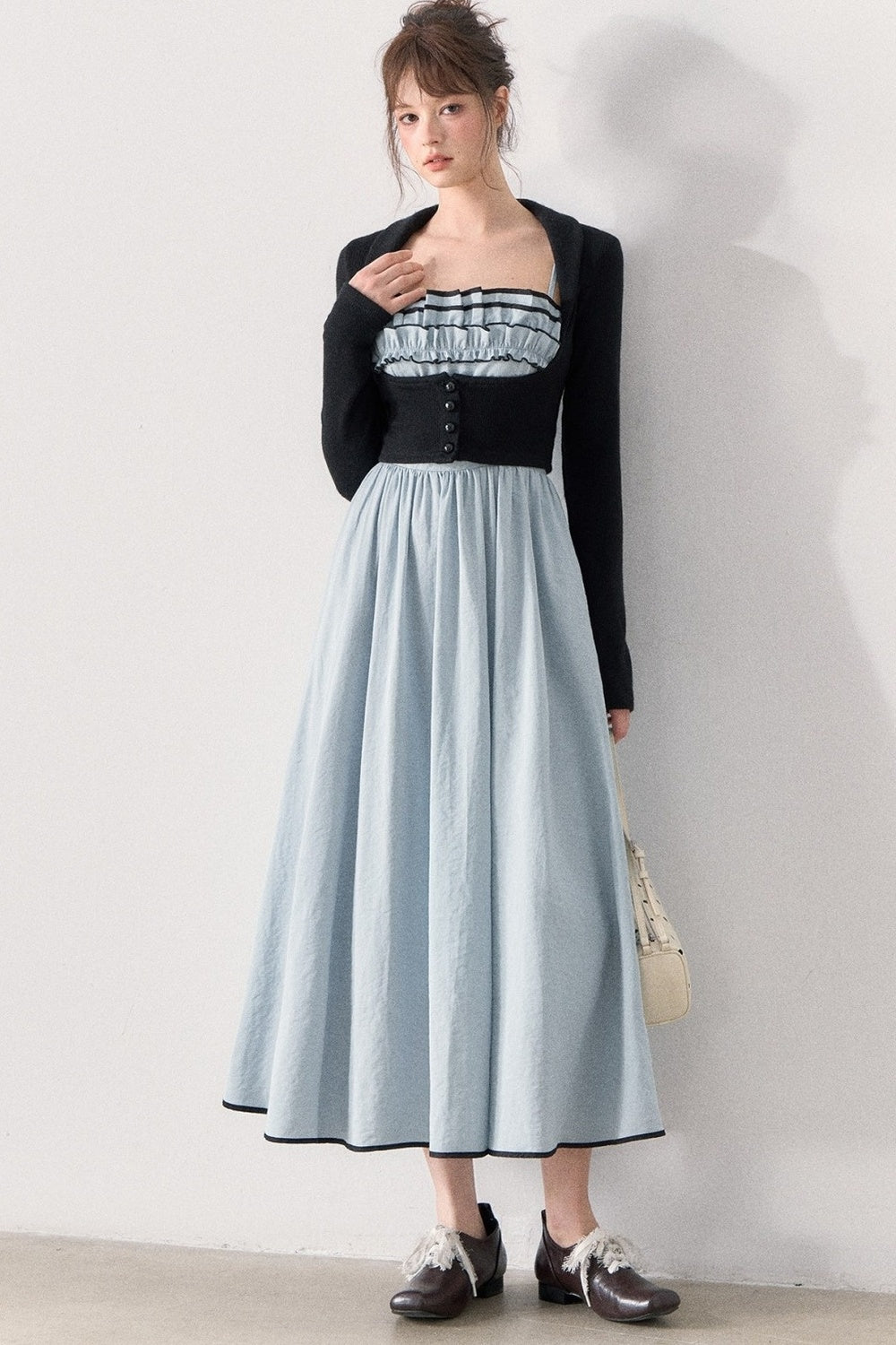 Slim Knit Cardigan and Ruffle Dress Set