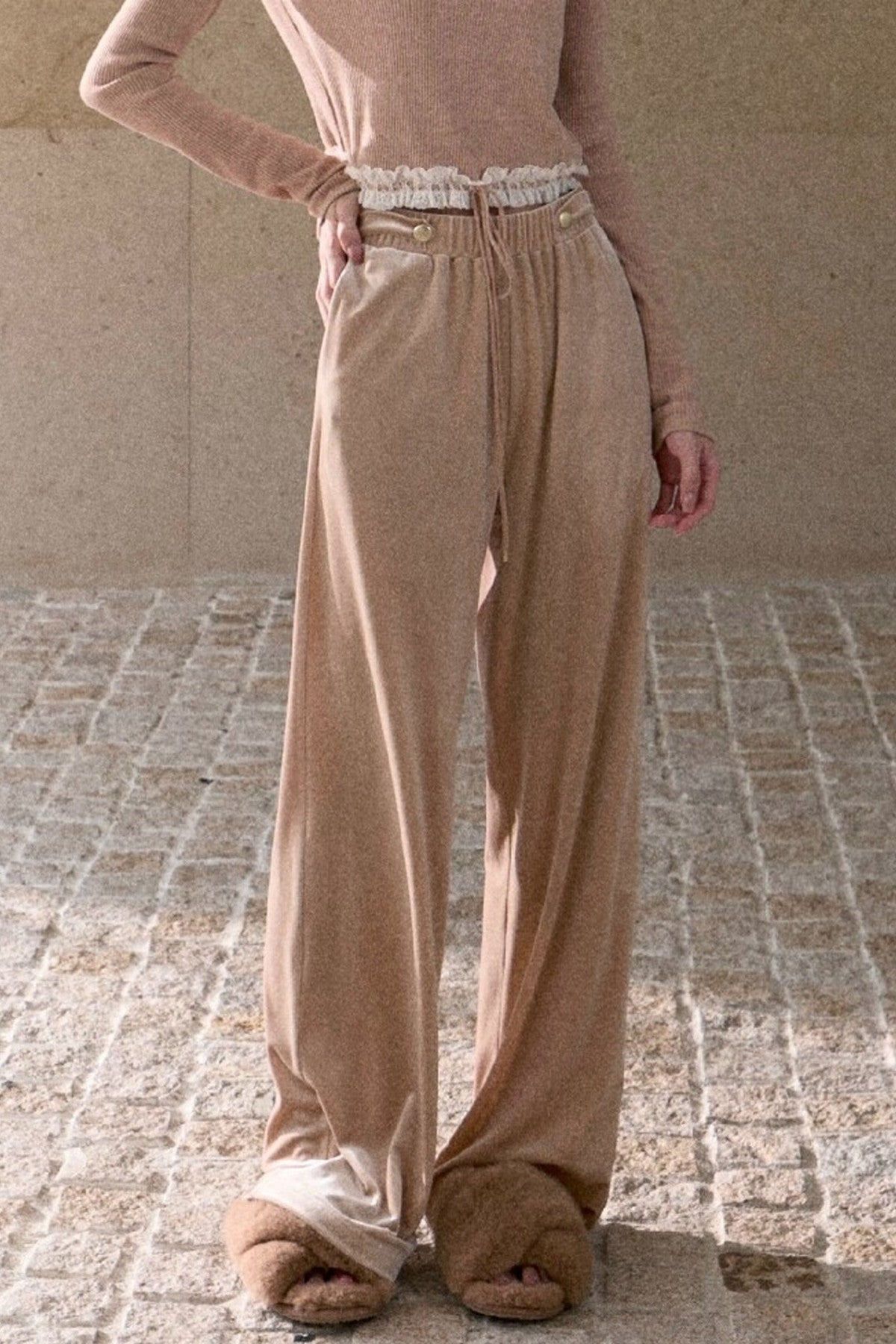 Lace Knit Long-Sleeve Top and Drape Velvet Straight-Leg Pants Set-Up