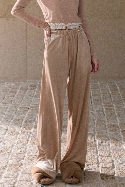 Lace Knit Long-Sleeve Top and Drape Velvet Straight-Leg Pants Set-Up