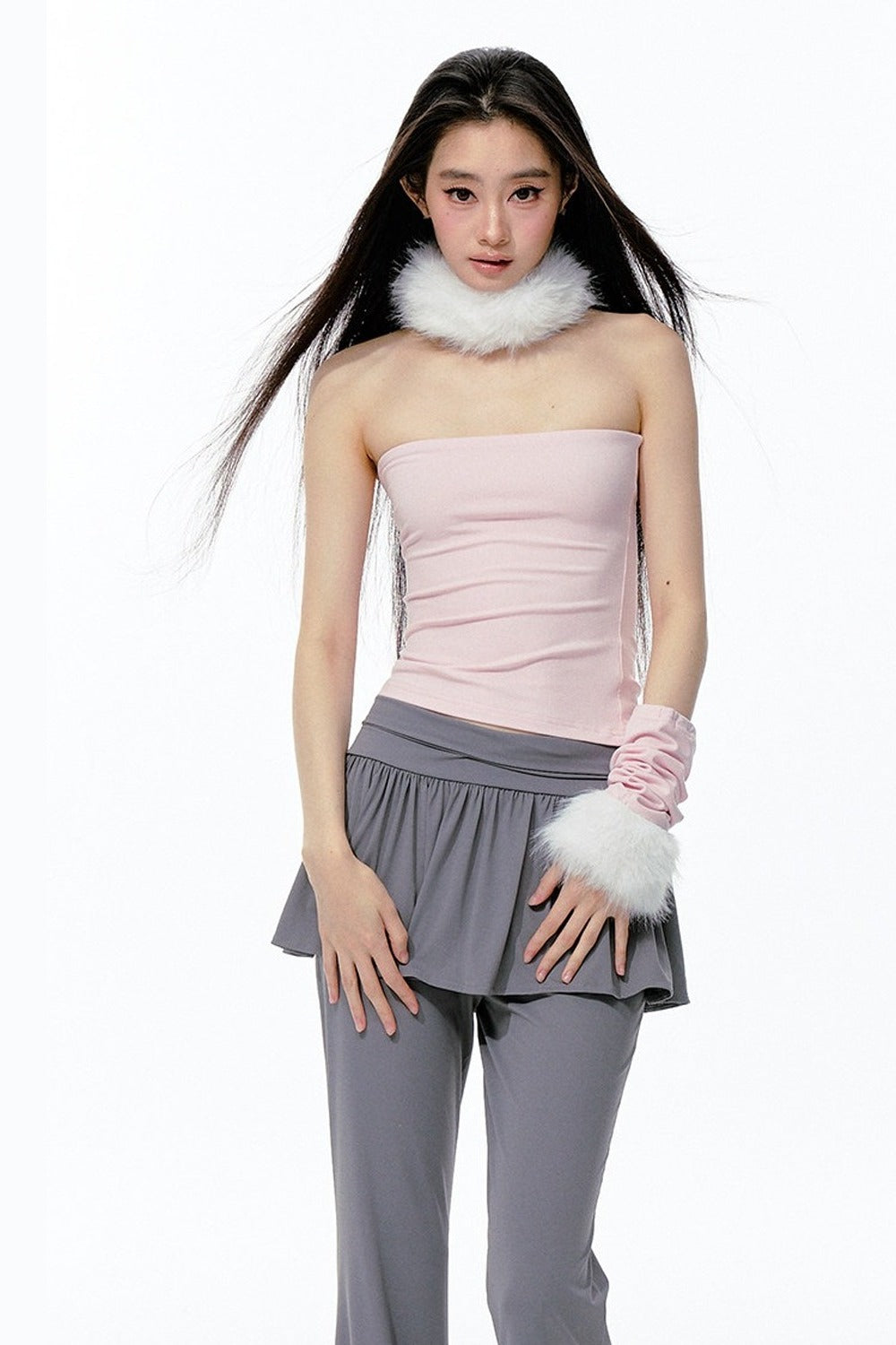 Top a fascia in maglia con collo in pelliccia staccabile