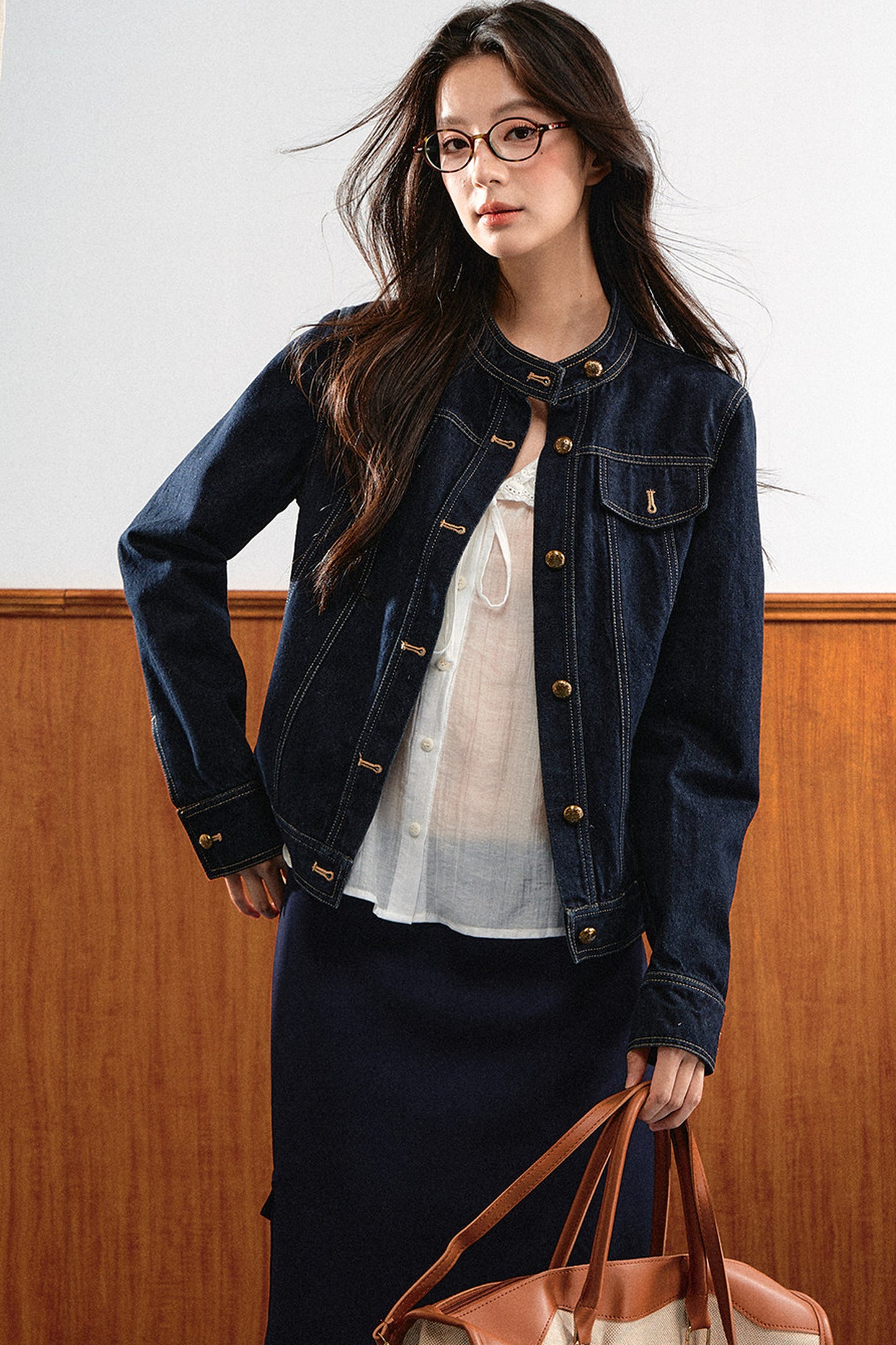 Round-Neck Gold Button Denim Jacket and Pants Set-Up