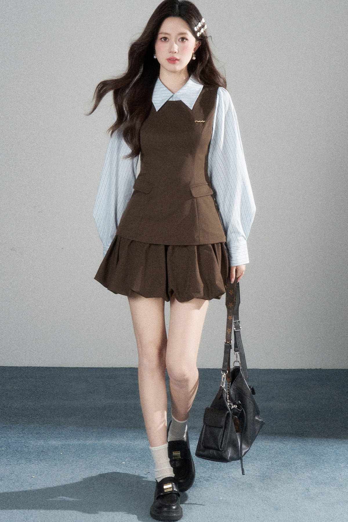 Preppy Layered-Look Striped Shirt Dress