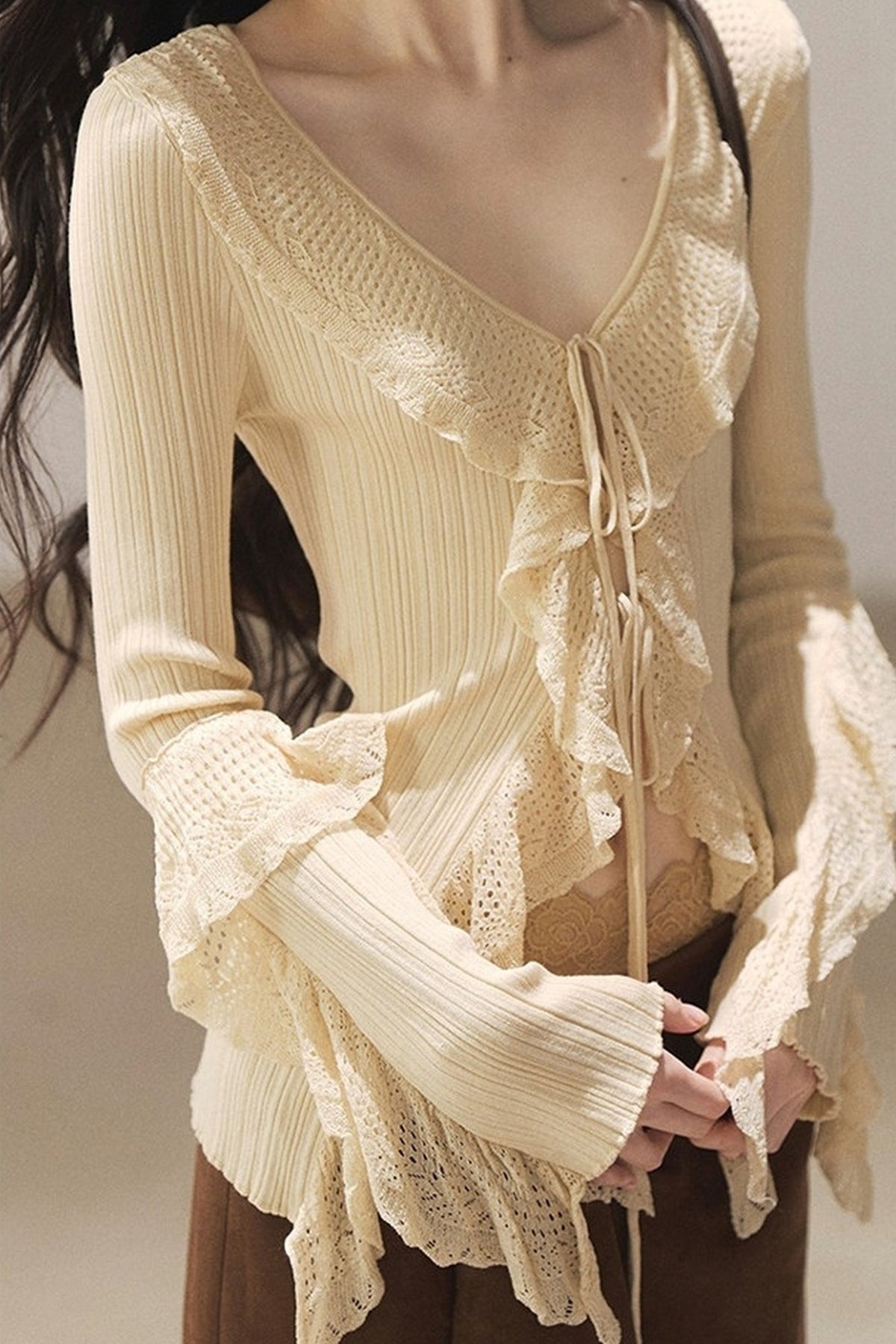 Korean Ruffled Hollow-Out Knit Cardigan
