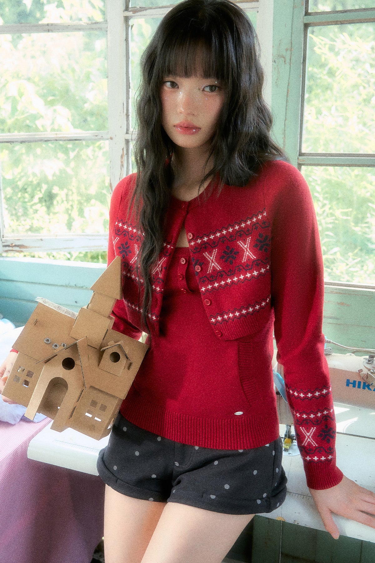 Fair Isle Red Knitted Cardigan And Halter Top Set