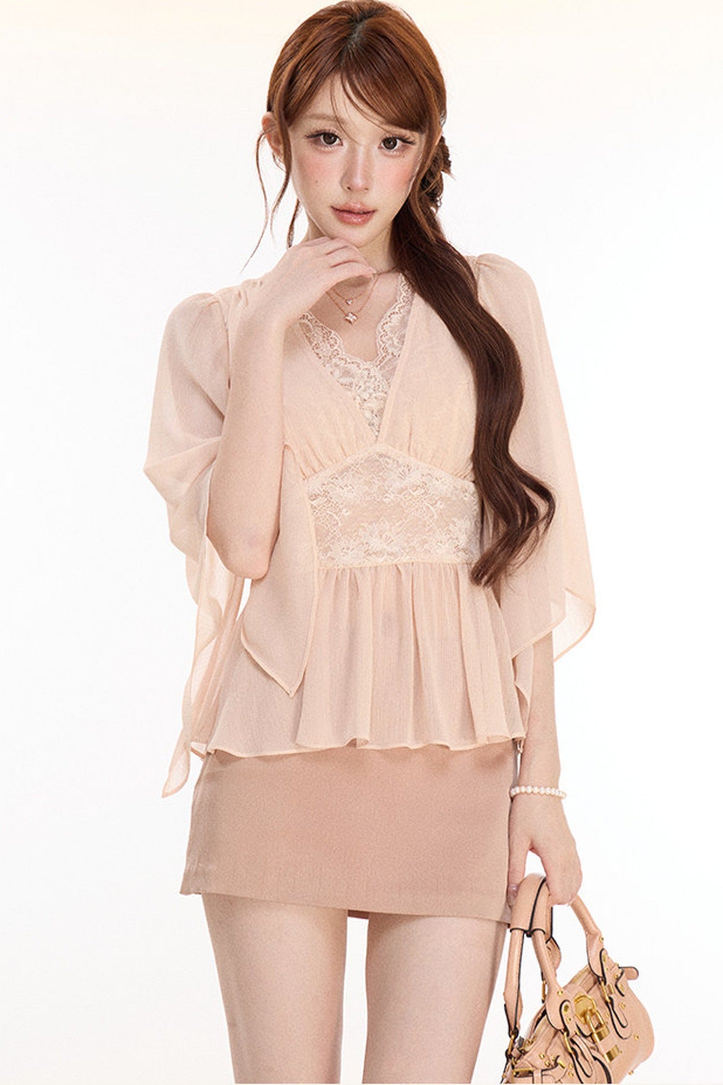 Half-Open Lace Satin Chiffon Top and Hip-Hugging Skirt Set-Up