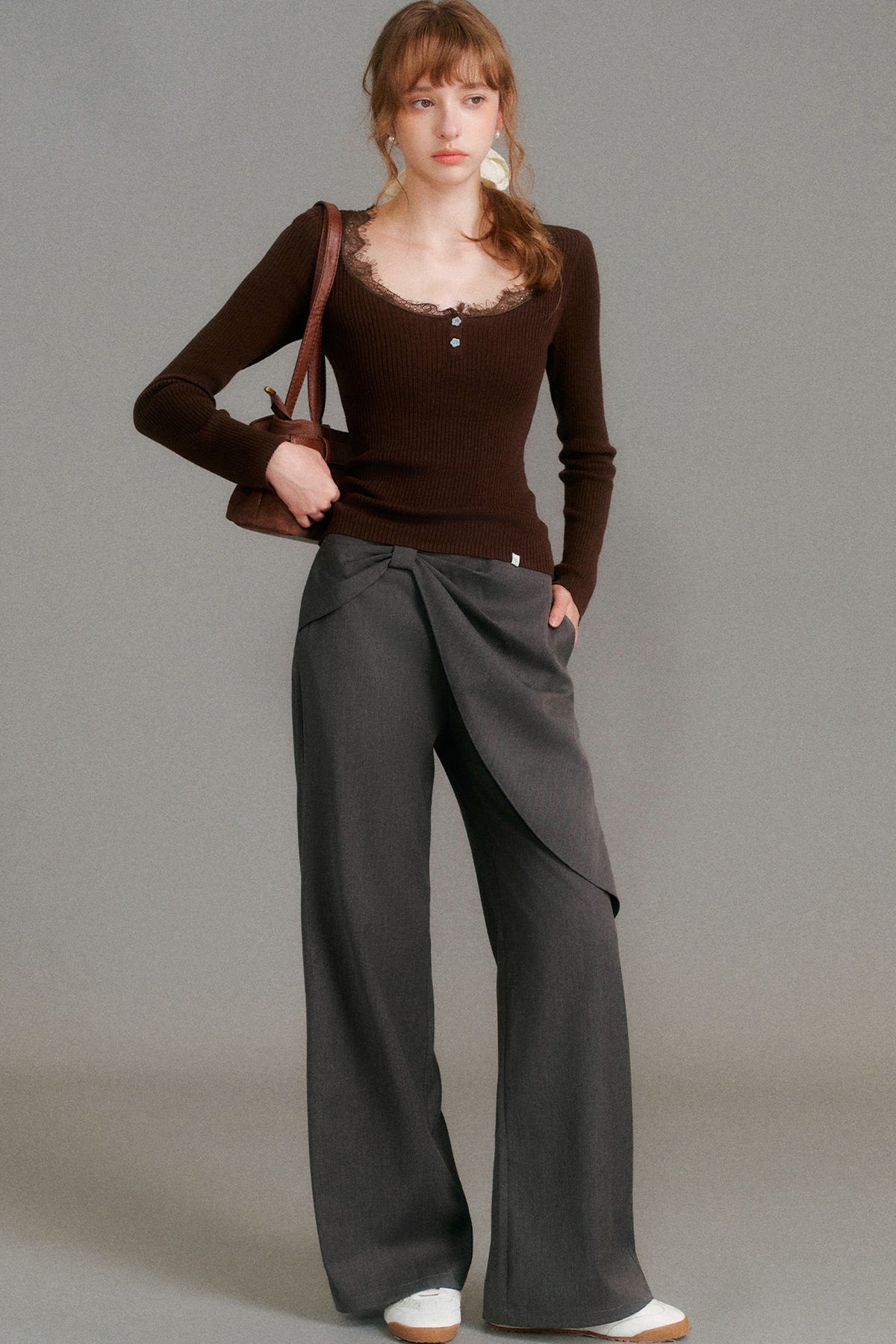 Asymmetrical Cut Bow Wide Leg Pants
