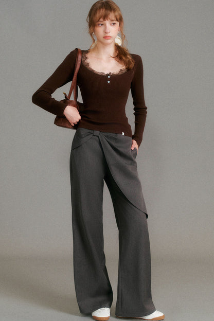 Asymmetrical Cut Bow Wide Leg Pants