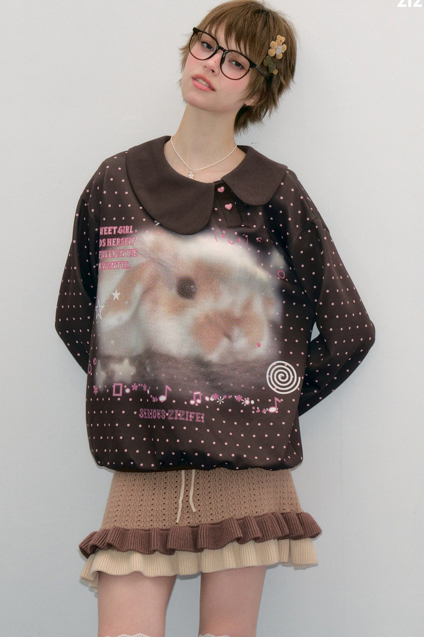 Polka Dot Rabbit Print Doll Collar Sweatshirt