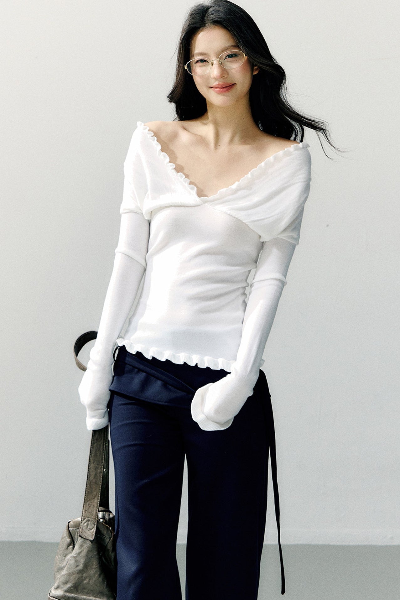 Ruffle-Trimmed Off-Shoulder Knit Top