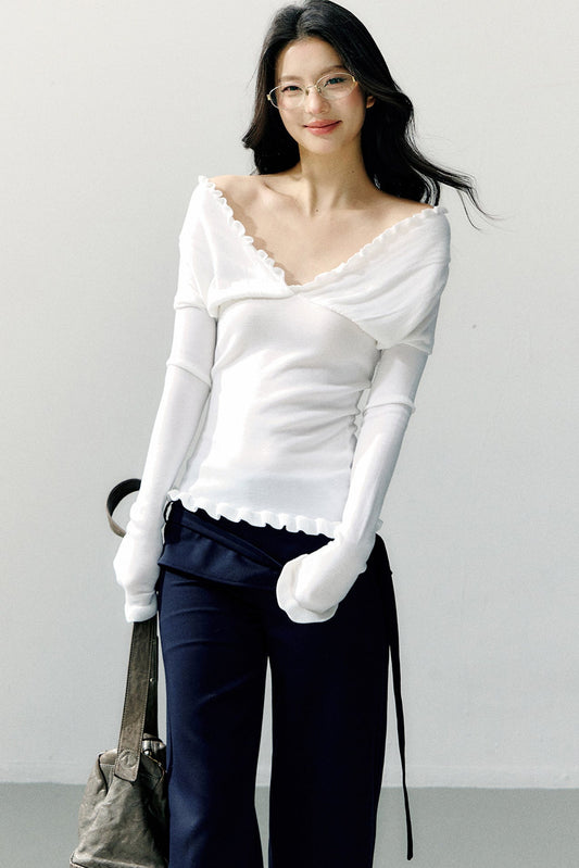 Ruffle-Trimmed Off-Shoulder Knit Top