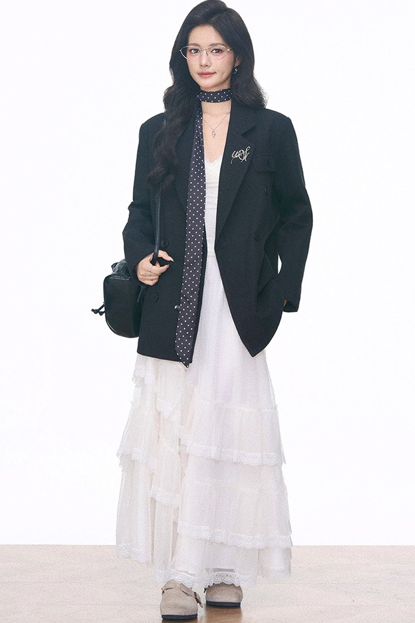 Woolen Blazer and Mesh Skirt Set-Up