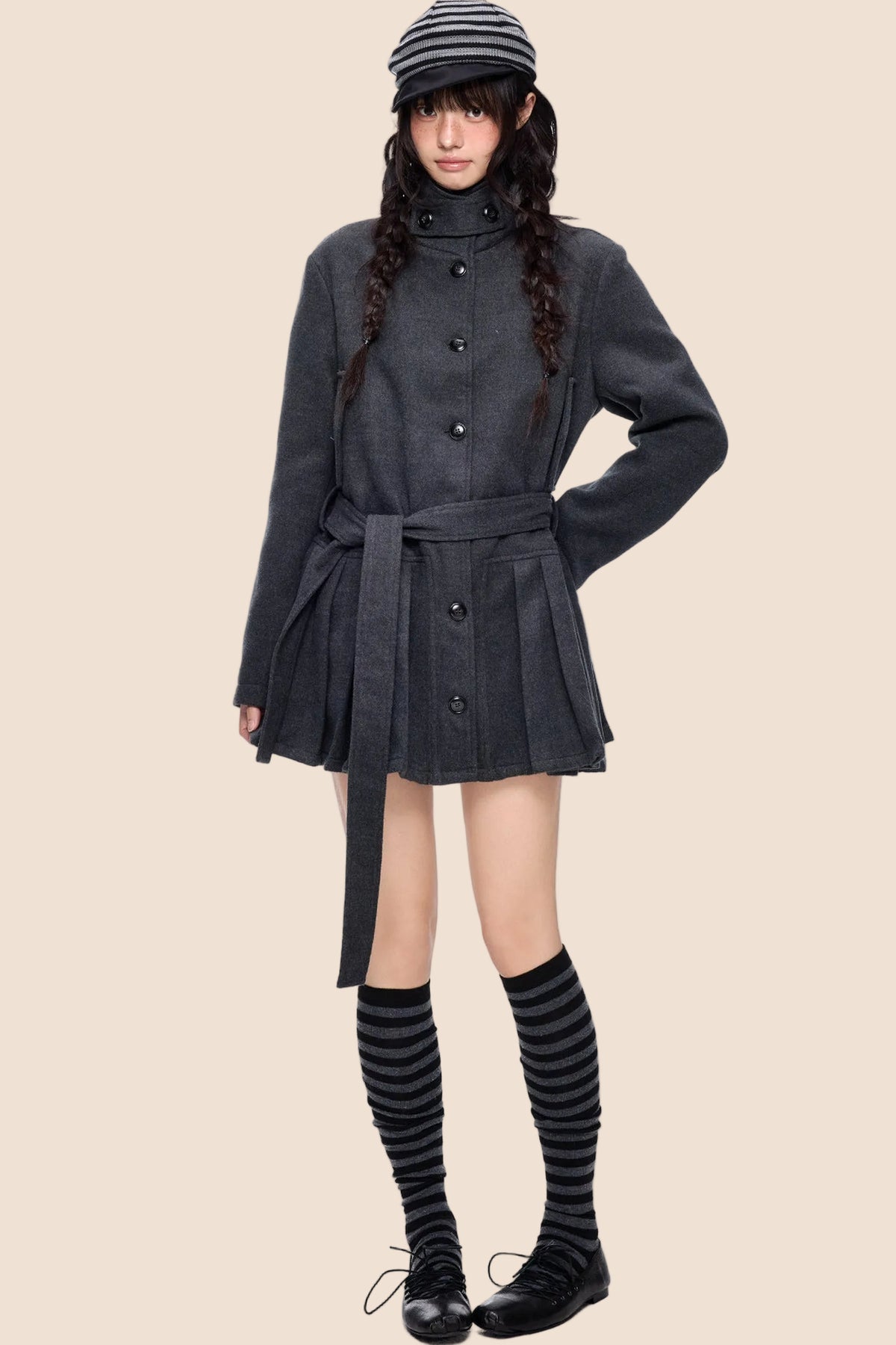 Mid-Length Accordion Pleat Woolen Coat