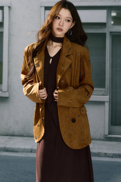 Beaded Suede Detachable Fur Collar Jacket