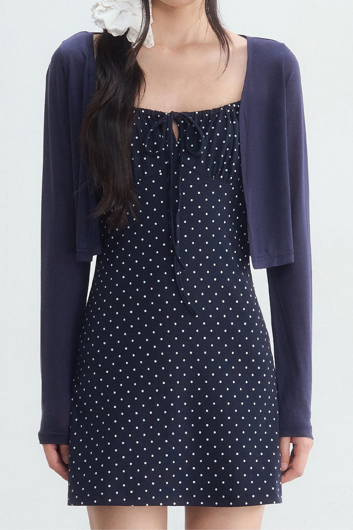 Navy Polka Dot Suspender Dress With Cardigan