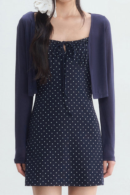Navy Polka Dot Suspender Dress With Cardigan