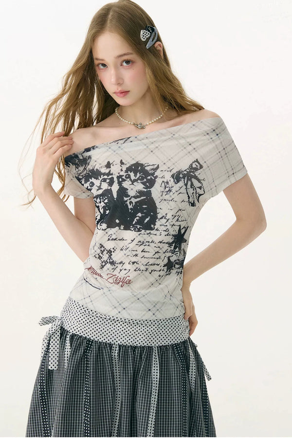 Cat Shadow Off-Shoulder Mesh T-Shirt