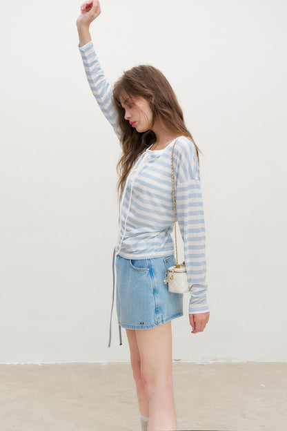 Striped Tie-Waist Top and Denim Skirt Set-Up