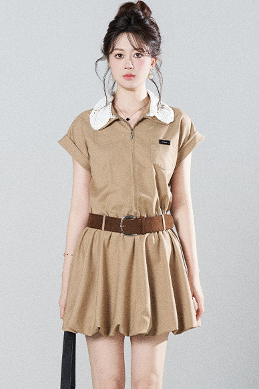 French Khaki Puff Dress