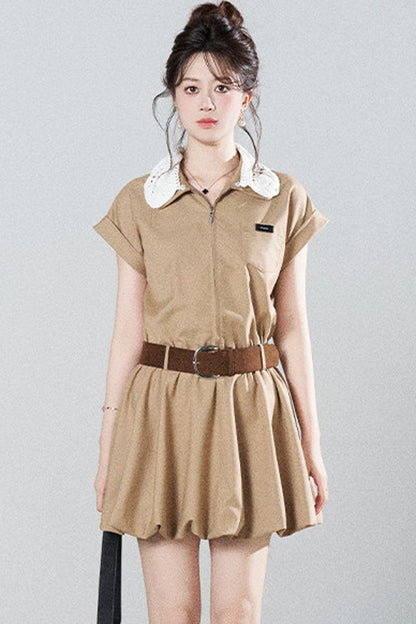 French Khaki Puff Dress