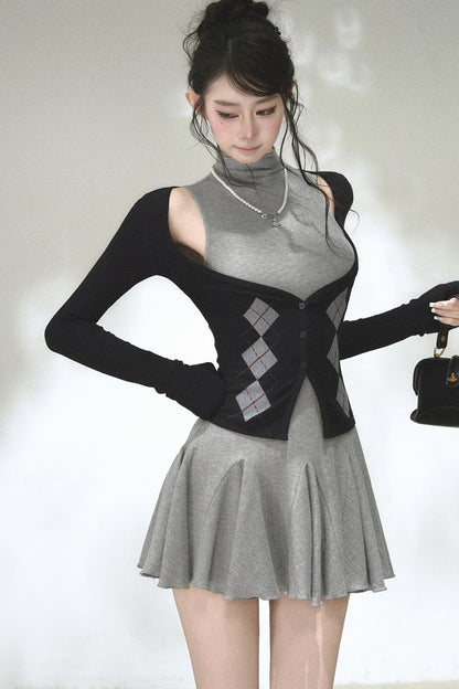 Vertical Striped Diamond Knit Cardigan and Ruffled Dress Set-Up