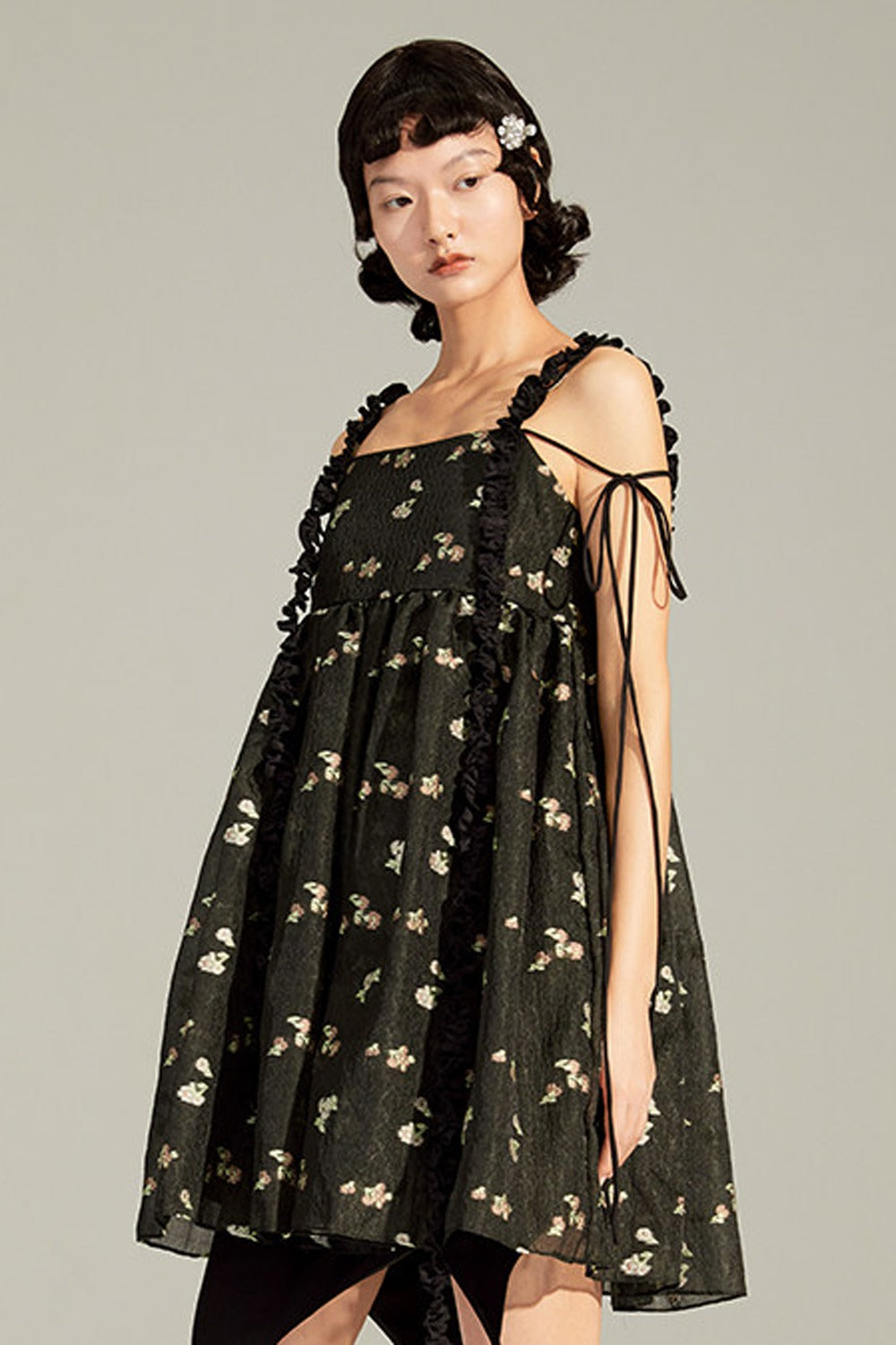 Floral Jacquard Ruffle Strap Dress