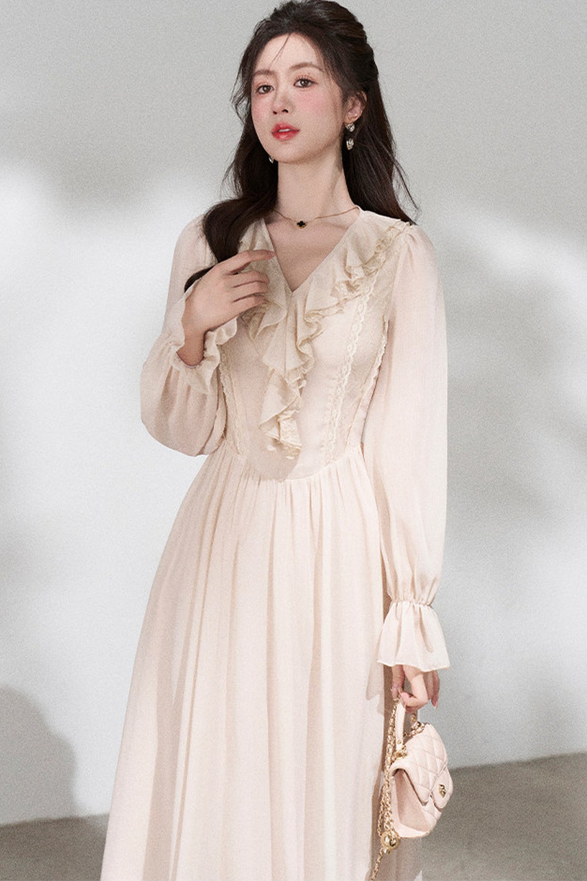 Ruffled V-Neck Long Dress