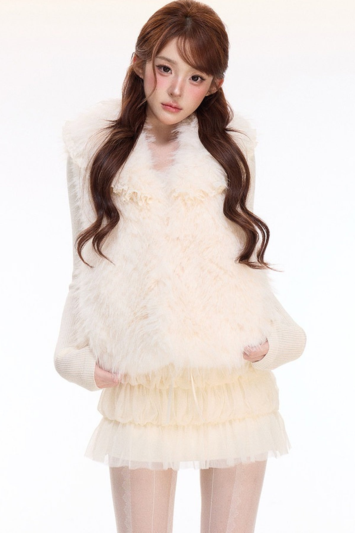 Woolen Mesh Ruffle Skirt and Furry Vest Set-Up