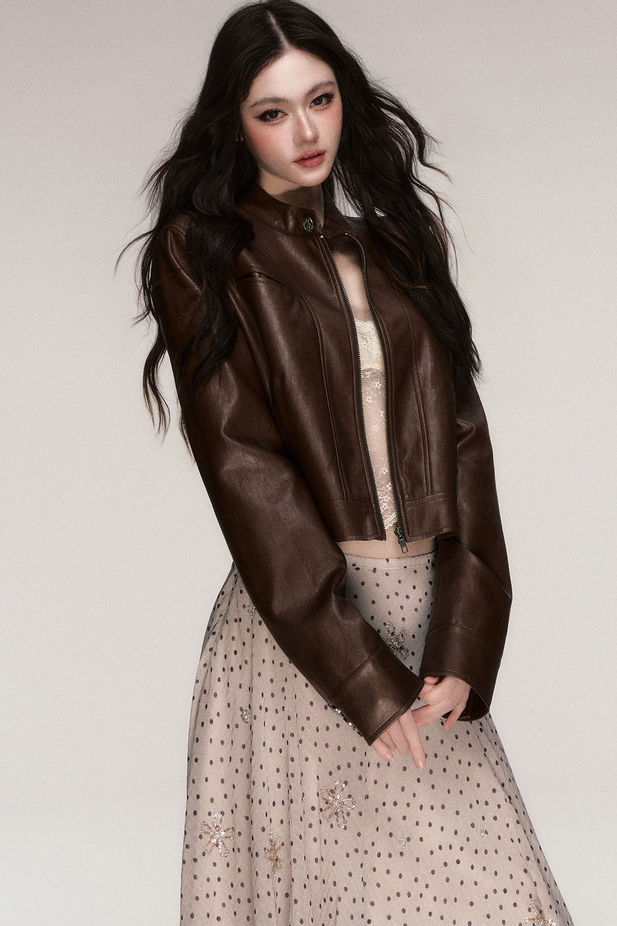 Brown Stand-Up Collar PU Leather Jacket