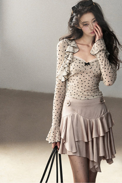 Ruffled Polka Dot Camisole And Cardigan Set-Up