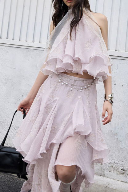 Conjunto retro de top halter con volantes en rosa melocotón