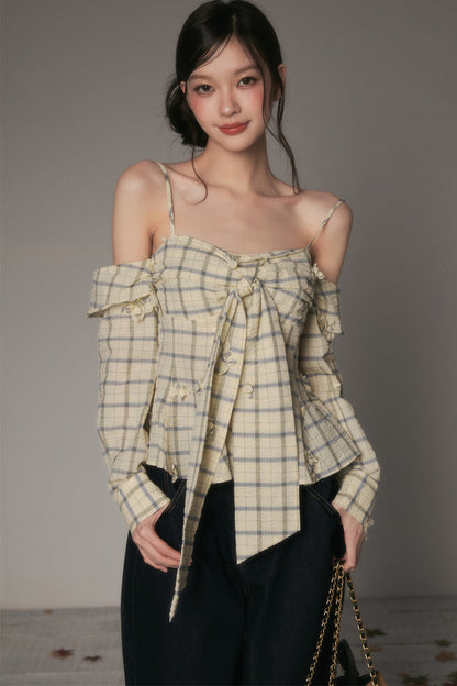 Bow-Tie Plaid Floral Long-Sleeve Tube Top