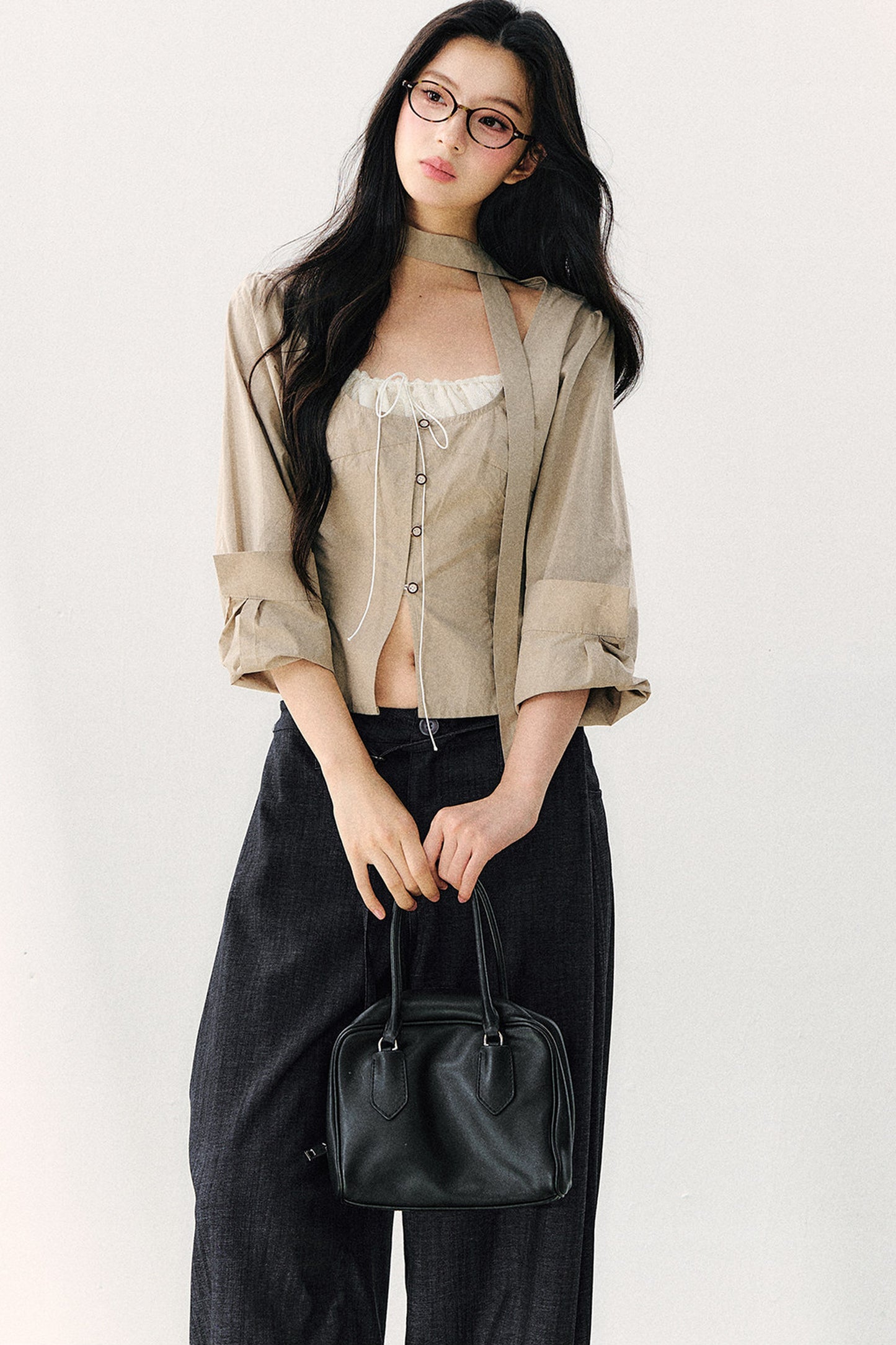 Halter Neck Ribbon Patchwork Long Sleeve Top