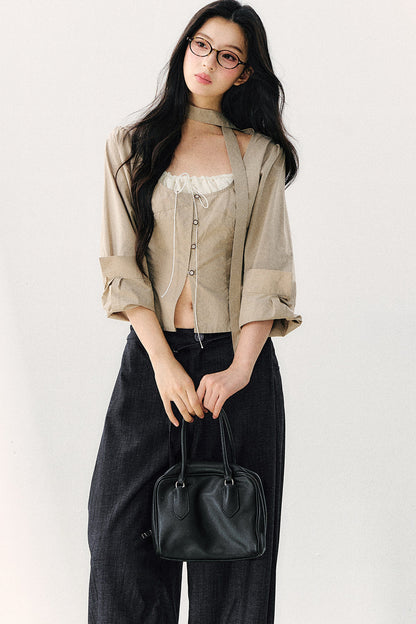 Halter Neck Ribbon Patchwork Long Sleeve Top