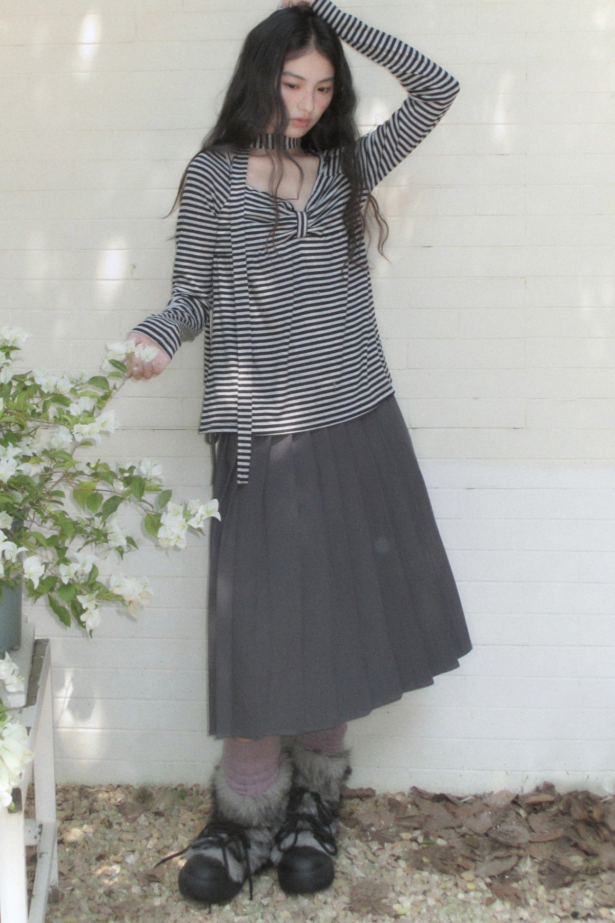 Striped Long-Sleeved Ribbon Bow T-shirt