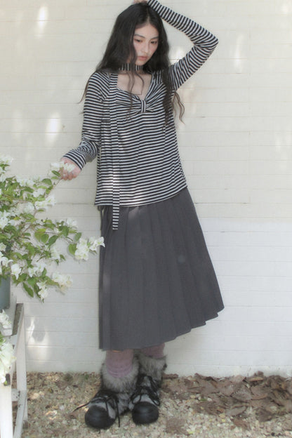 Striped Long-Sleeved Ribbon Bow T-shirt