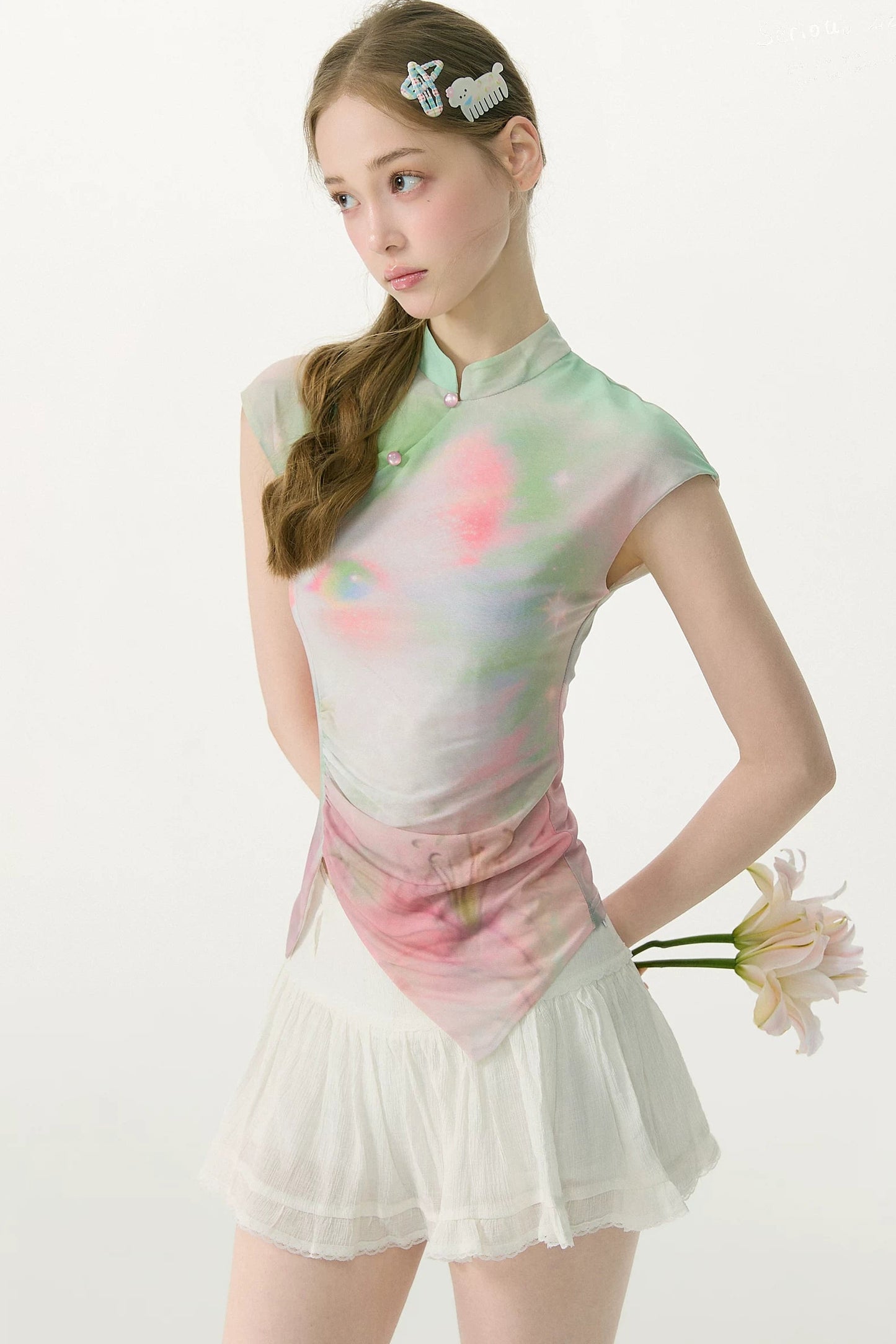 Camiseta de malla degradada con flores de ensueño
