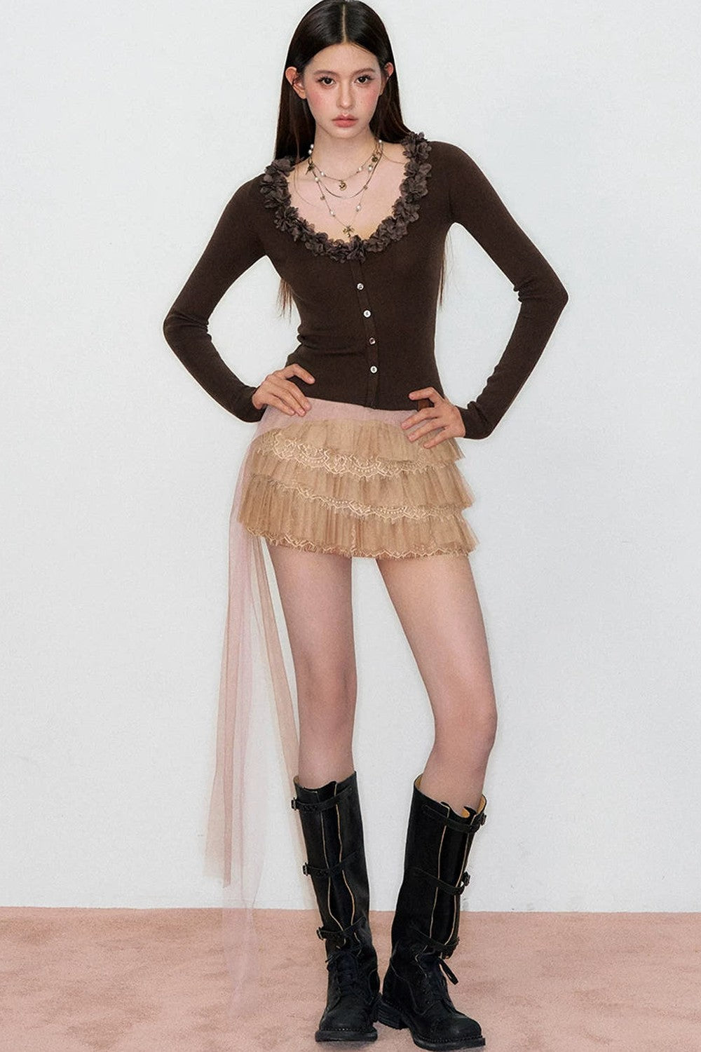 V-Neck Lace Silk Wool Knit Cardigan