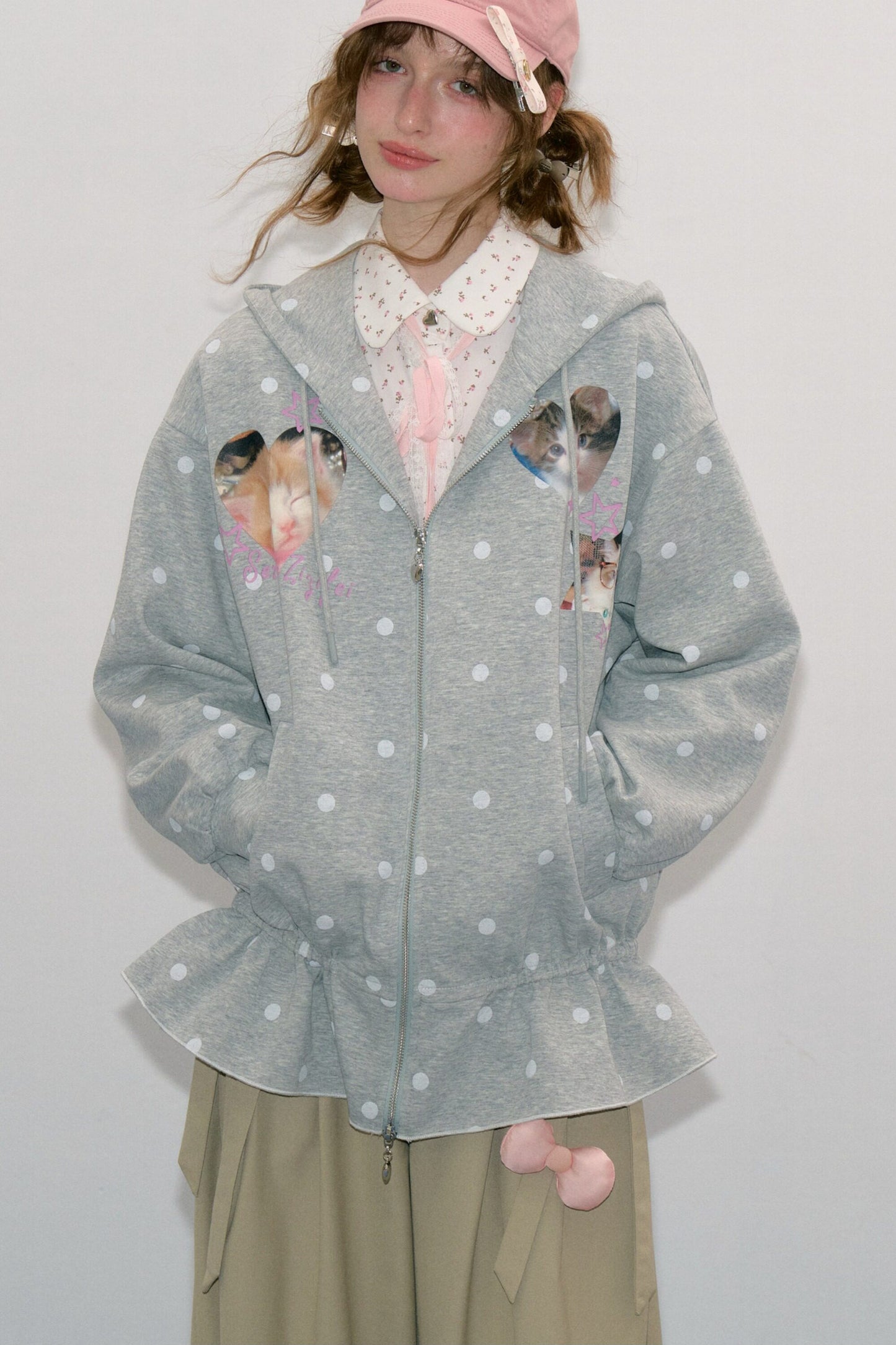 Cat Polka Dot Zipper Hooded Jacket