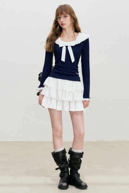 Doll Collar Detachable Bow Knit Top