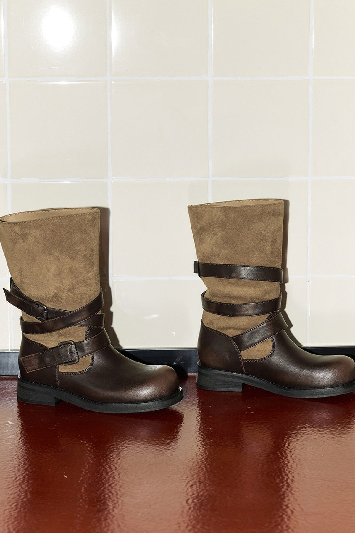 Patchwork Pleated Mid-Calf Riding Boots