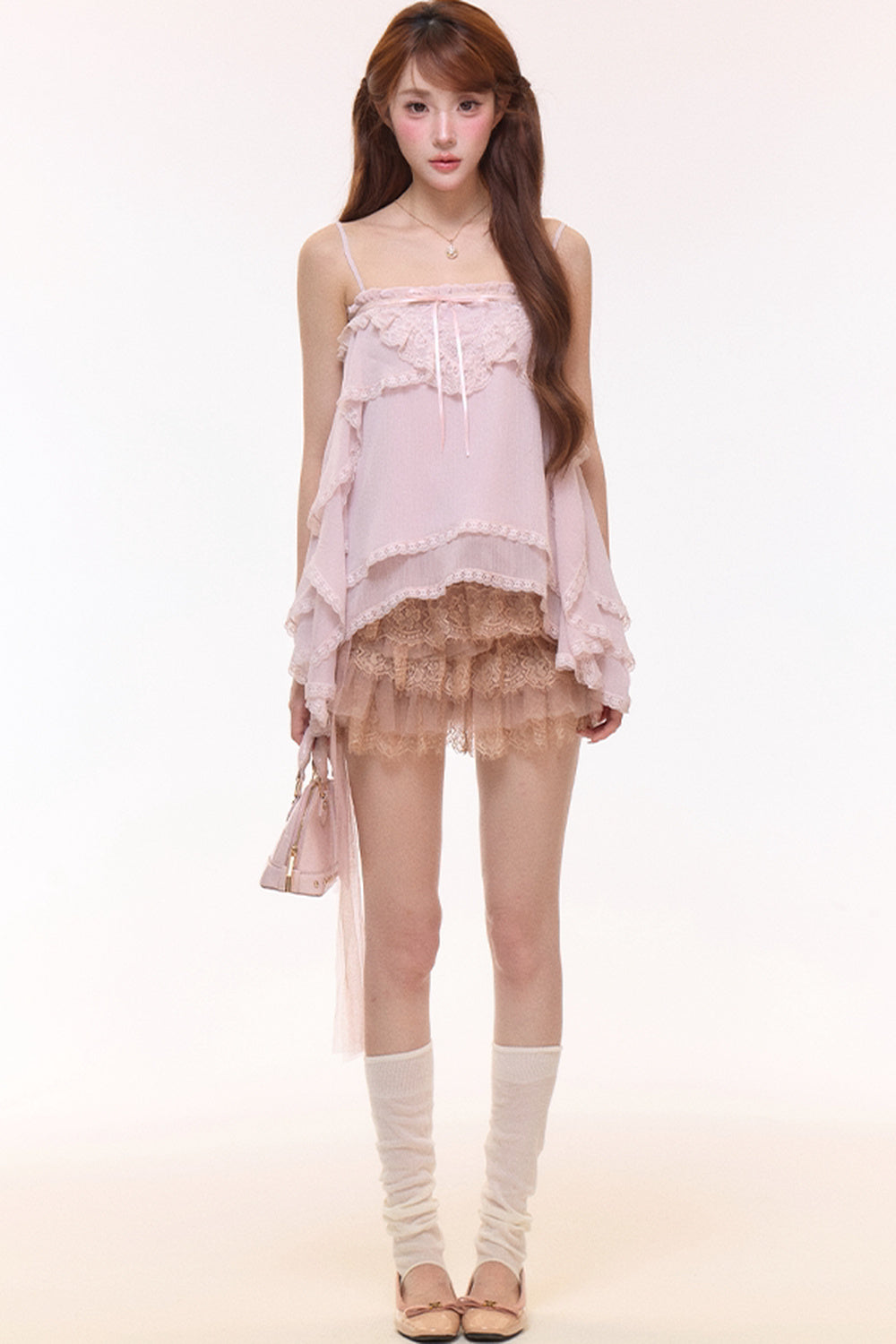Irregular Ruffle Chiffon Camisole and Tulle Cake Skirt Set-Up
