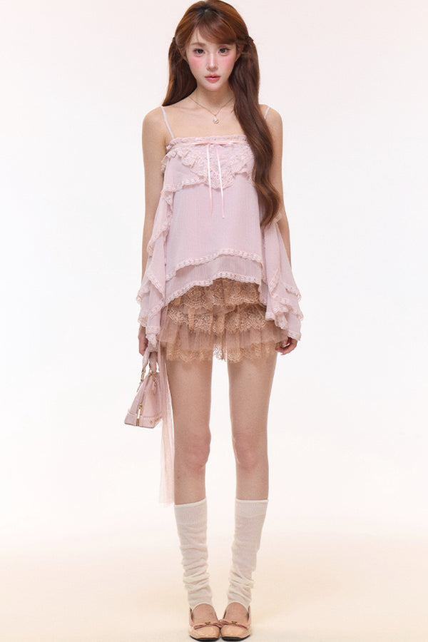 Irregular Ruffle Chiffon Camisole and Tulle Cake Skirt Set-Up