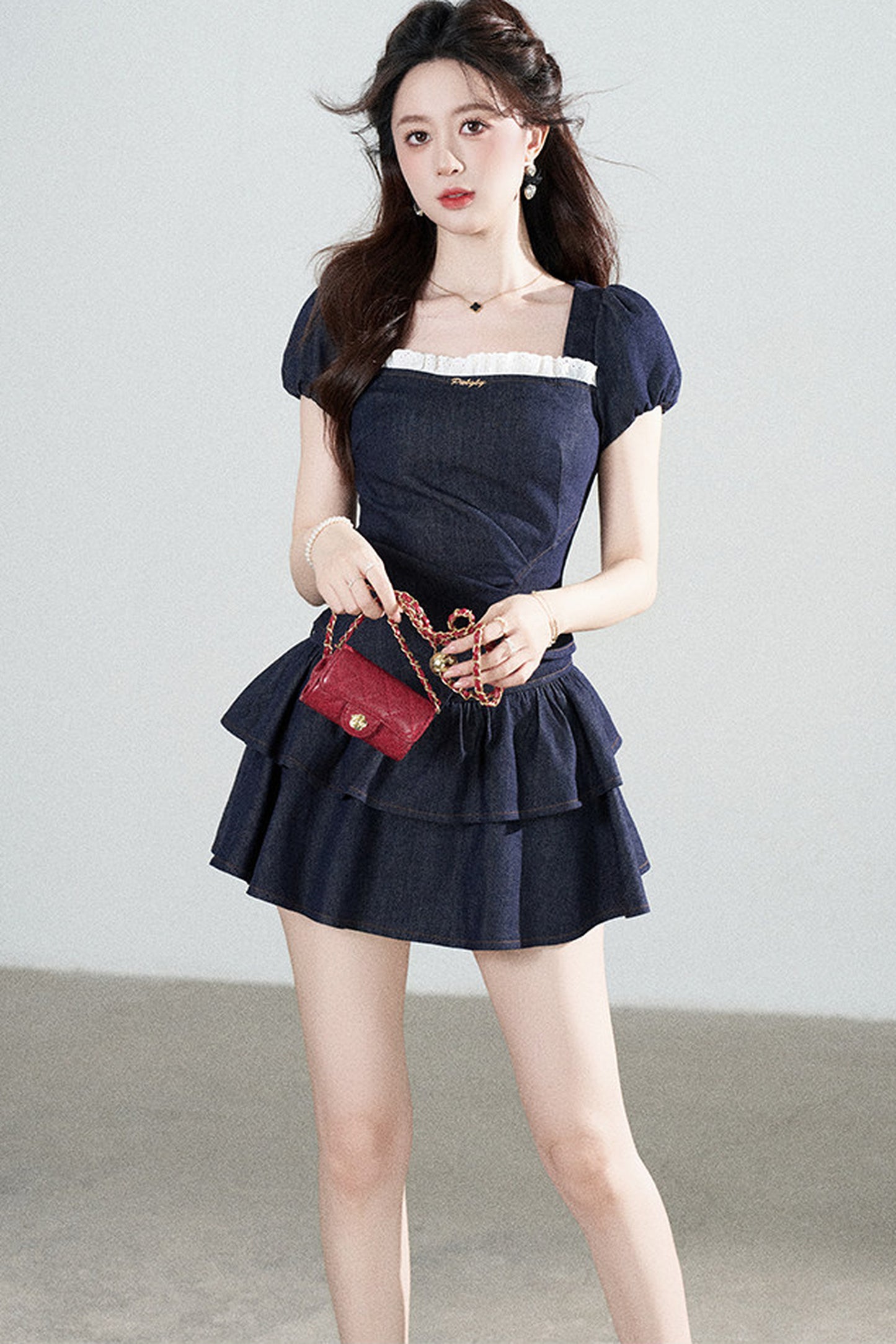 Denim Puff Sleeve Top And Skirt Set