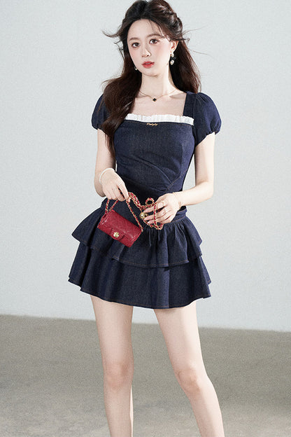 Denim Puff Sleeve Top And Skirt Set