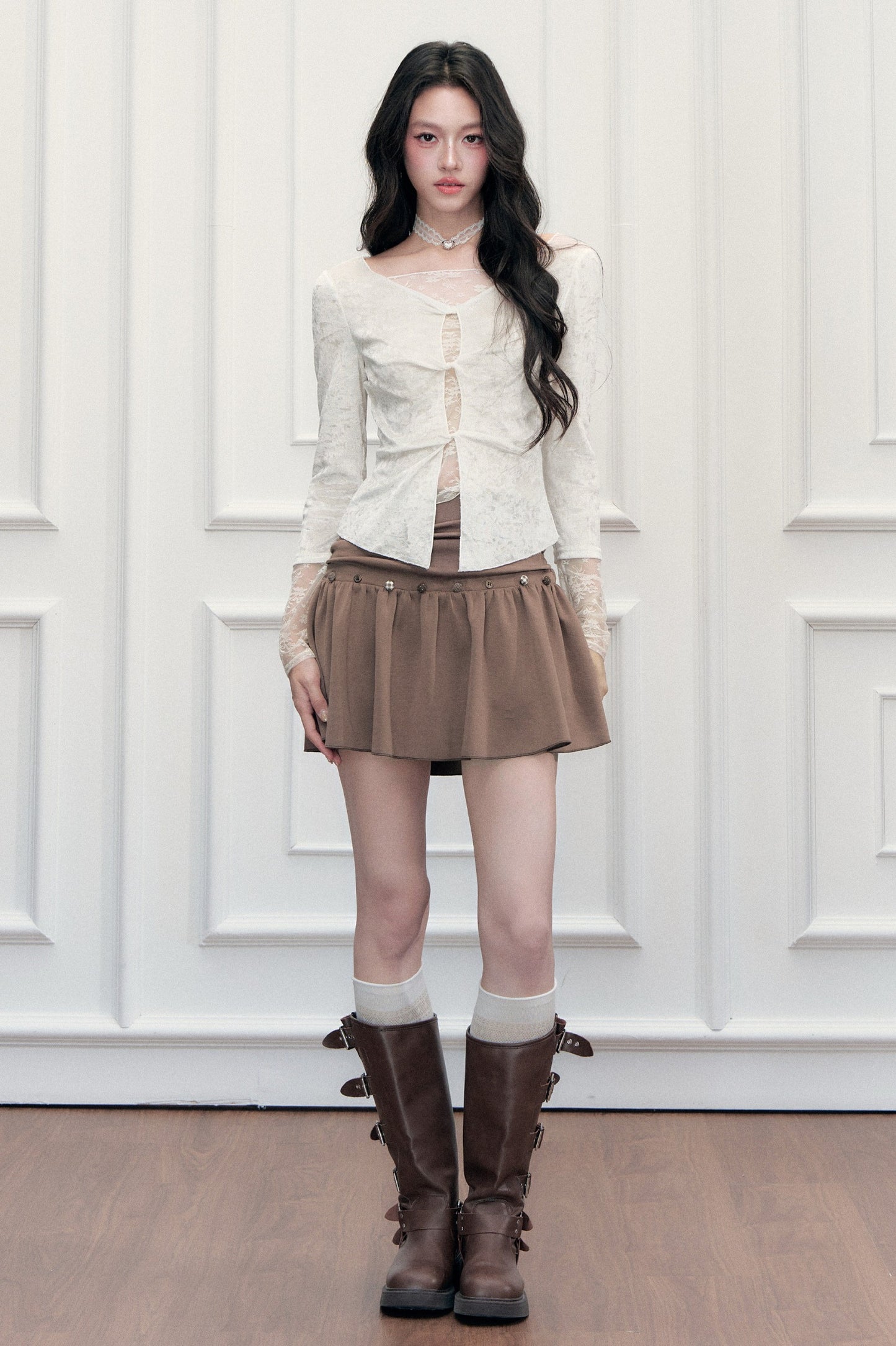 Brown Button High-Waisted A-Line Skirt