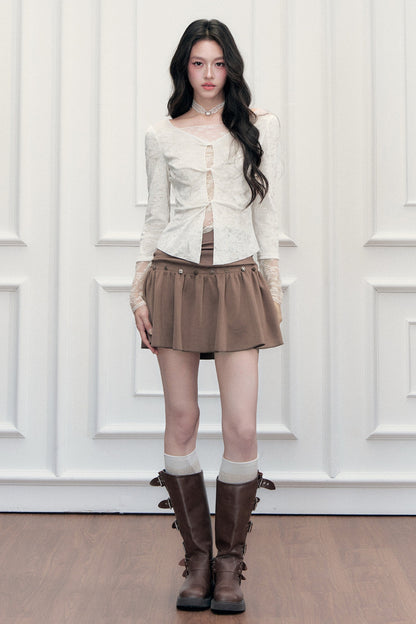 Brown Button High-Waisted A-Line Skirt