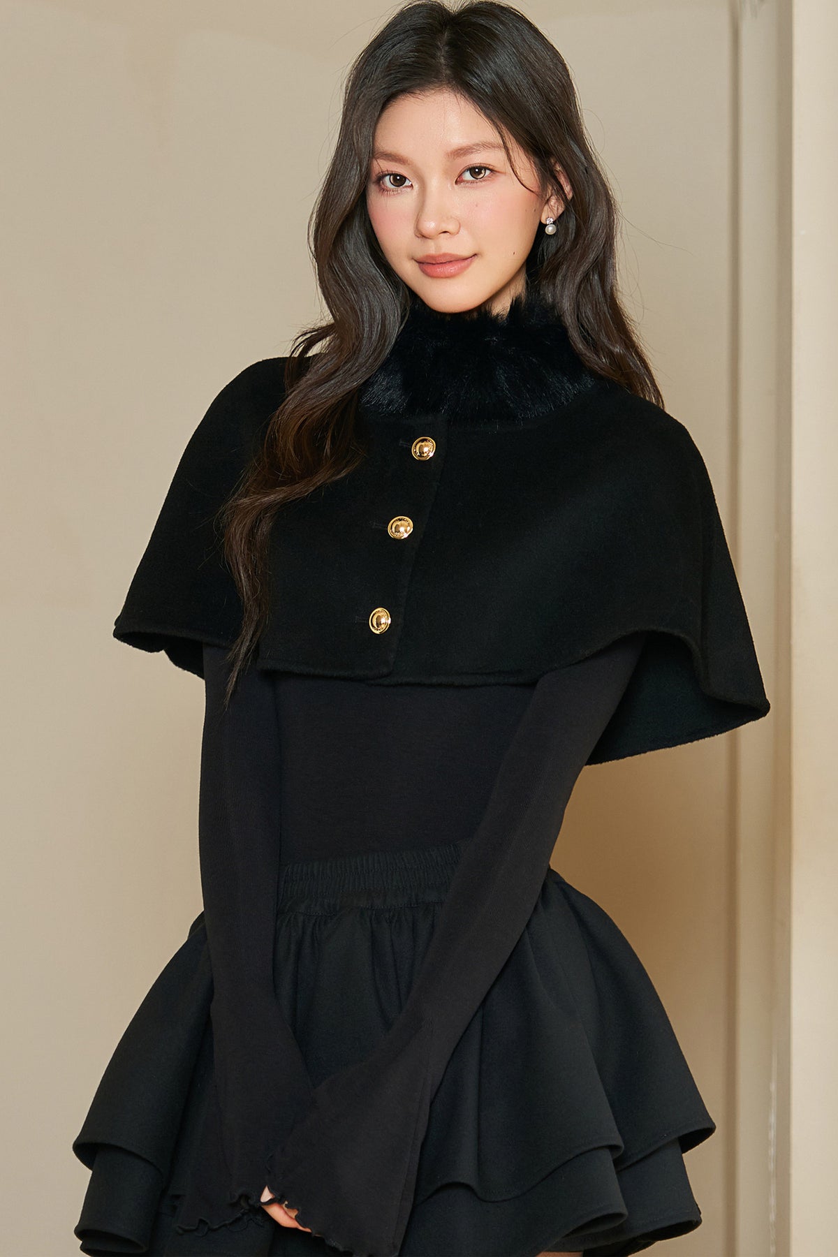 Black Long-Sleeve Base Shirt and Knitted Skirt Set-Up
