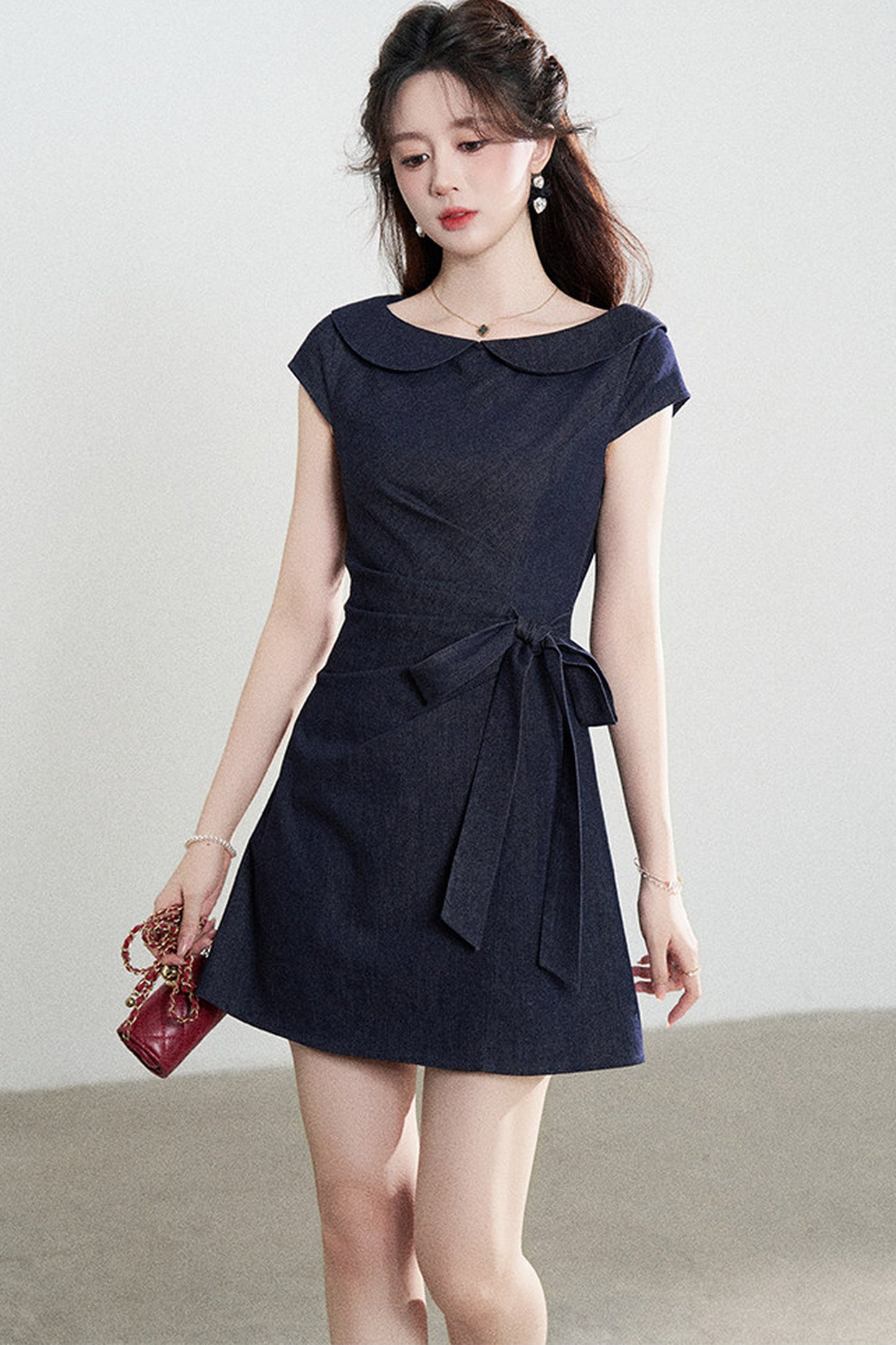 Blue Denim Doll Collar Pleated A-Line Dress